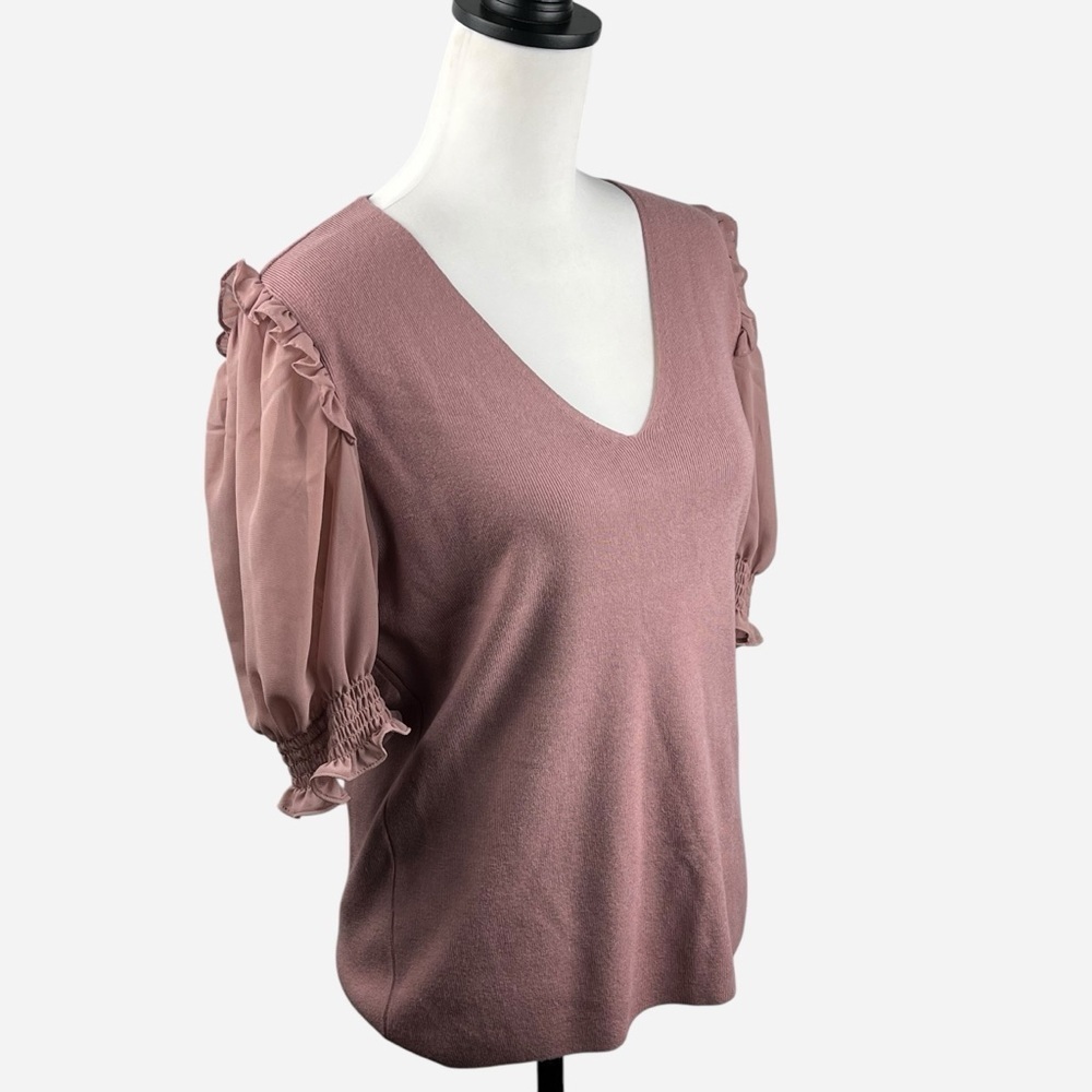 NEW Sioni Milano Mixed Media Ruffle Sleeve Blouse L Soft Knit Heather Salmon - Picture 3 of 12